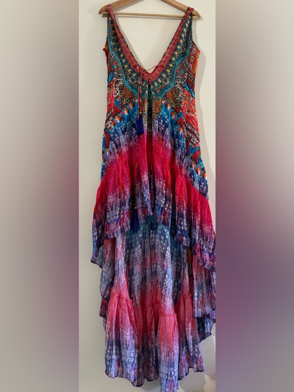 True Colours By La Moda V-Neck High-Low Boho Maxi Dress in Fuchsia Multicolor